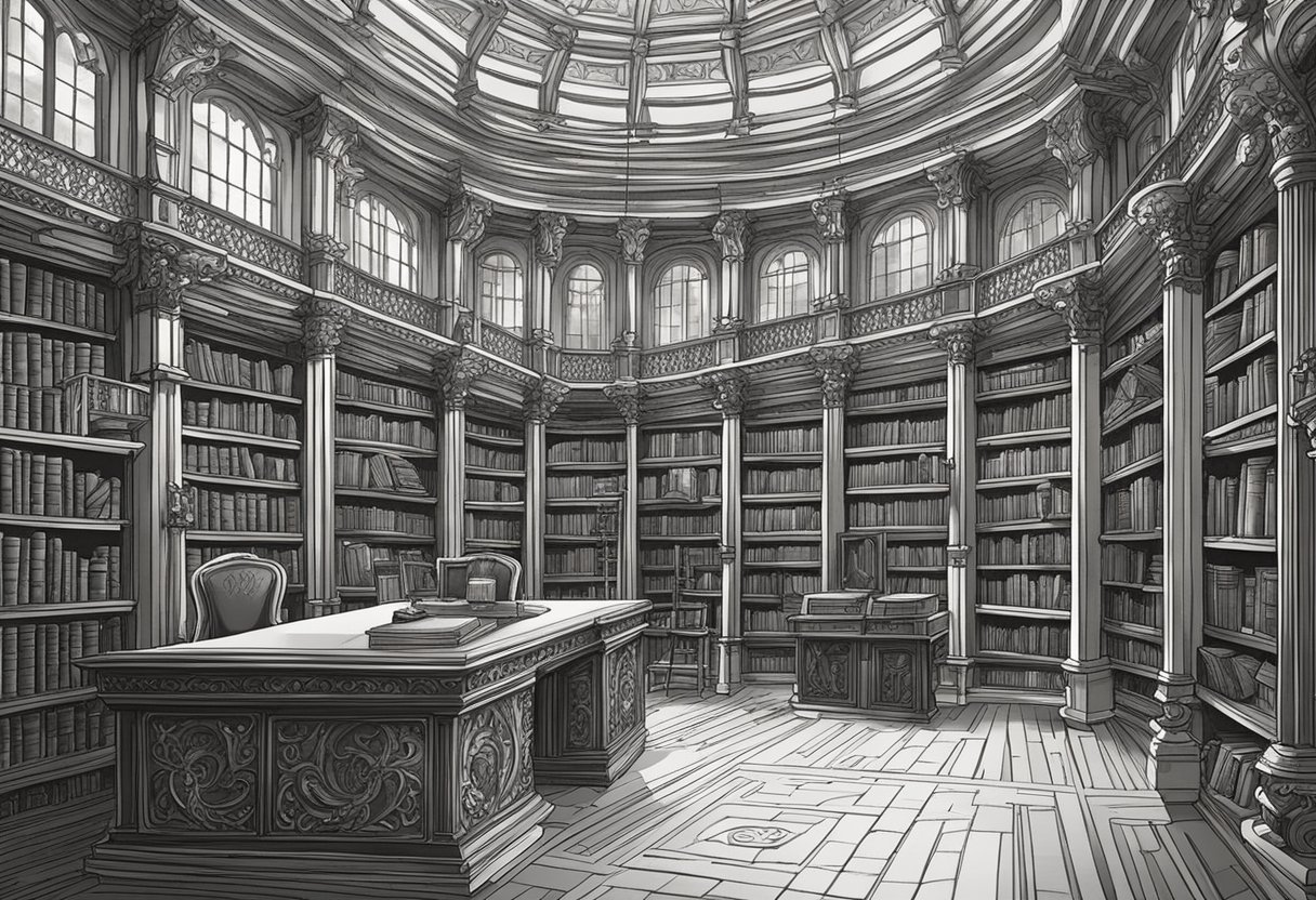 A grand, ornate library with shelves of ancient books and a table covered in scrolls and quills. A regal crest hangs on the wall