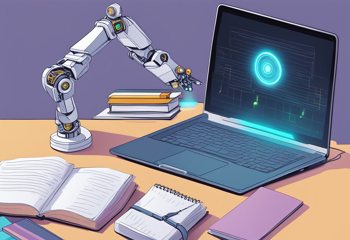 AI rewriting: Laptop with glowing screen, surrounded by books. A pen hovers over a notebook, while a robotic arm types on the keyboard
