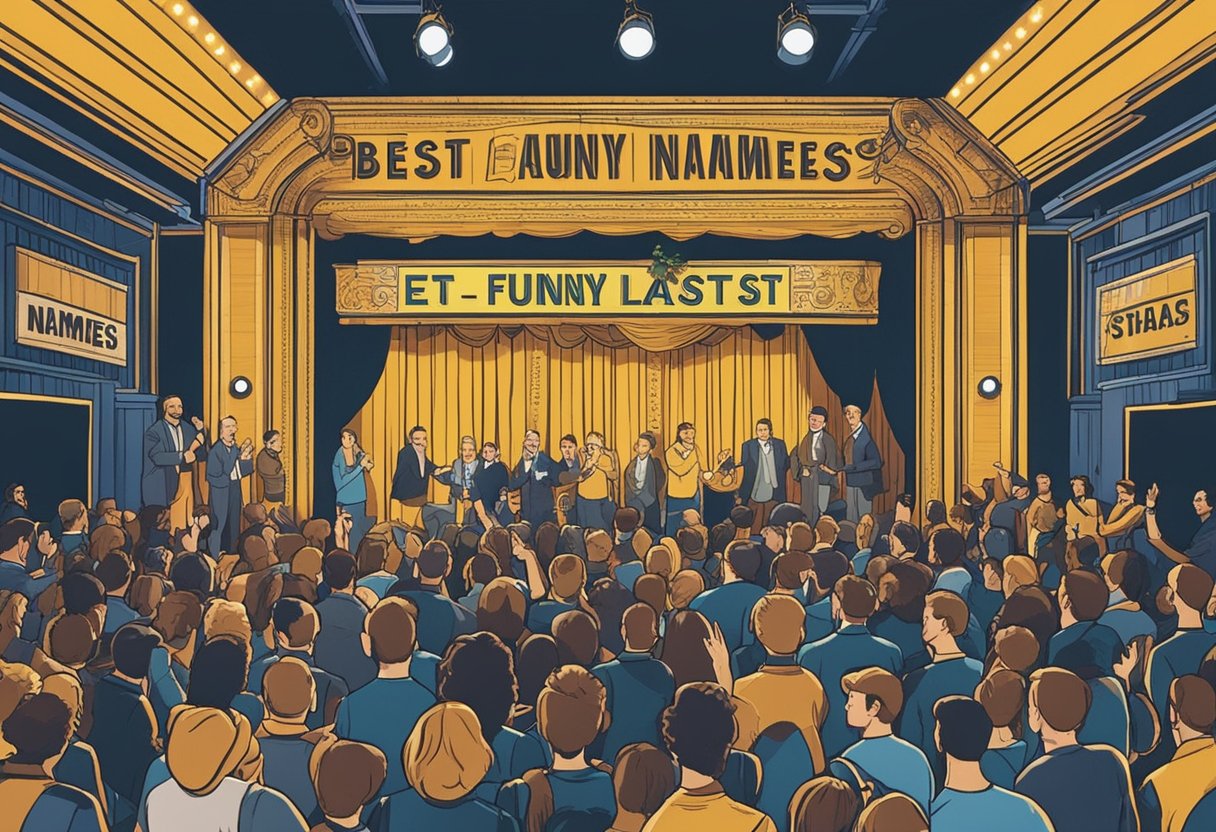 A group of people at a comedy show, laughing and pointing at a sign that reads "Best Names Funny Last Names" on a stage backdrop