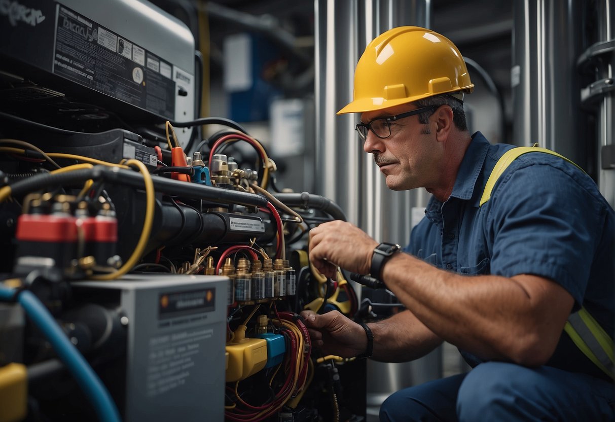 An HVAC technician inspects a compressor unit, surrounded by various tools and equipment. The technician troubleshoots and performs maintenance on the compressor, with a focus on its role in the HVAC system