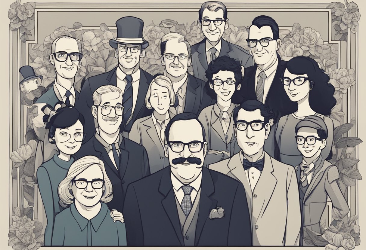 A group of comical characters with quirky last names gather for a family portrait, each with a unique expression and personality