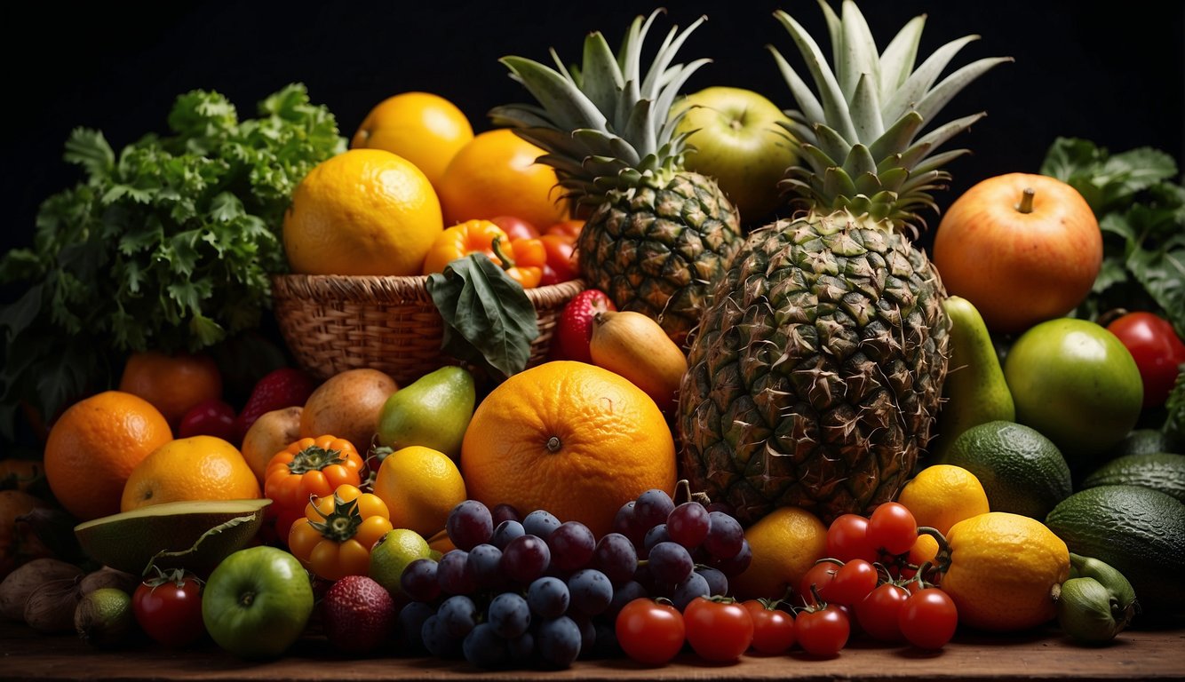 A vibrant display of exotic fruits and vegetables, showcasing rare and unique produce from around the world. Rich colors and diverse shapes create an enticing and visually stimulating scene