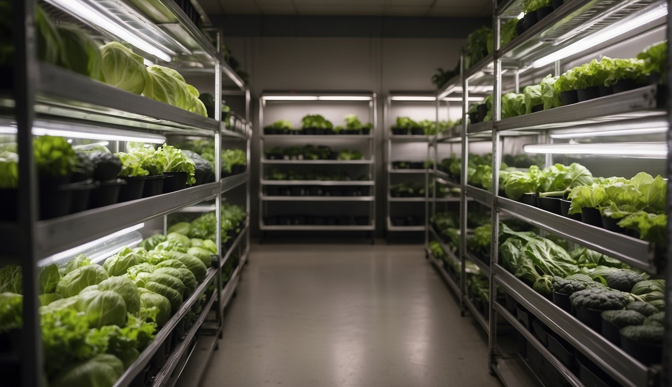 Rare veggies carefully stored in a climate-controlled room, labeled and organized on shelves for preservation