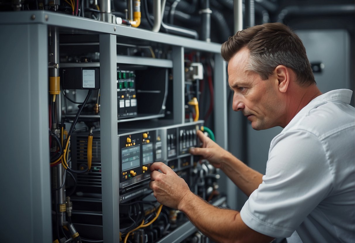 A technician adjusts compressor settings in a modern HVAC system, surrounded by pipes, valves, and control panels