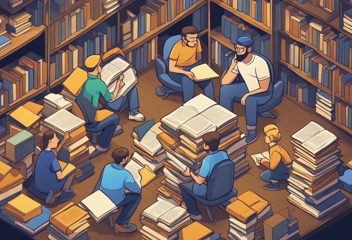 A group of cartoon characters brainstorming, surrounded by a stack of books with funny last names written on them