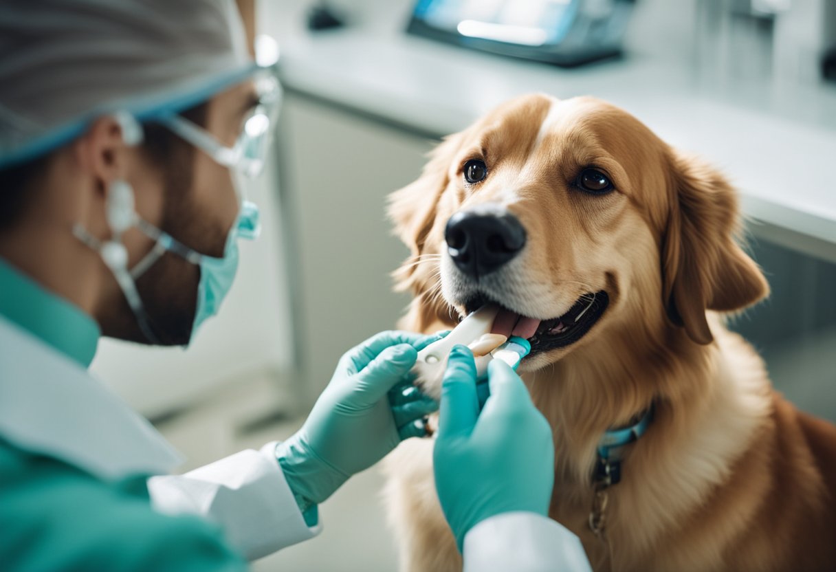 A dog with fresh breath, getting dental check-up and teeth brushing from a vet