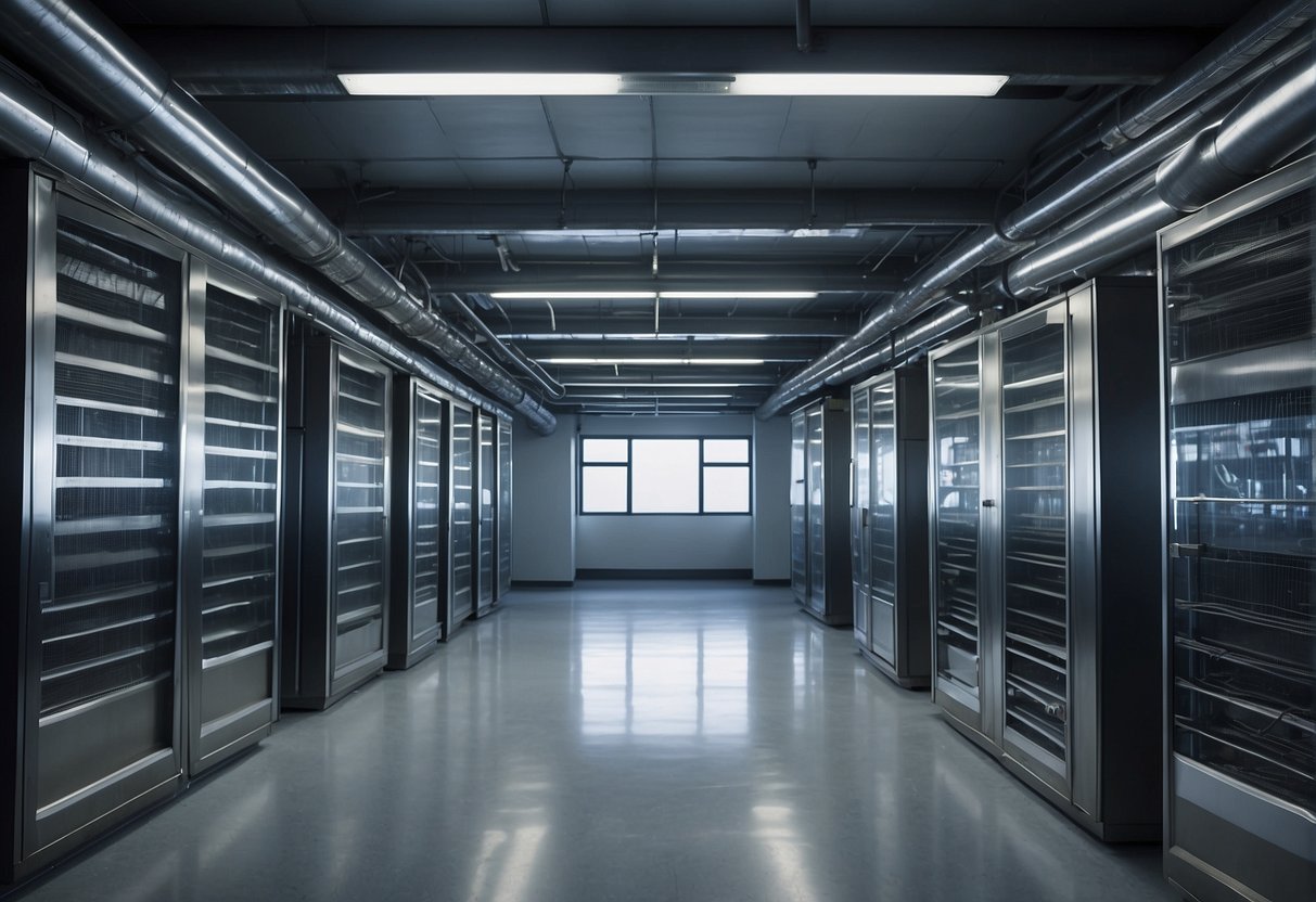 A network of metal ducts winds through a building, connecting to vents and HVAC units. Air flows through the system, maintaining a comfortable indoor environment