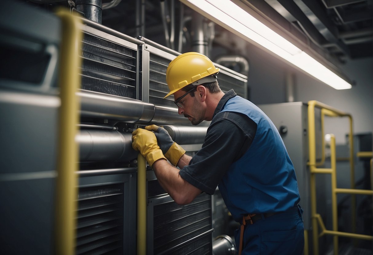 A technician installs ductwork in a mechanical room, connecting it to an HVAC system. Tools and materials are scattered around the area