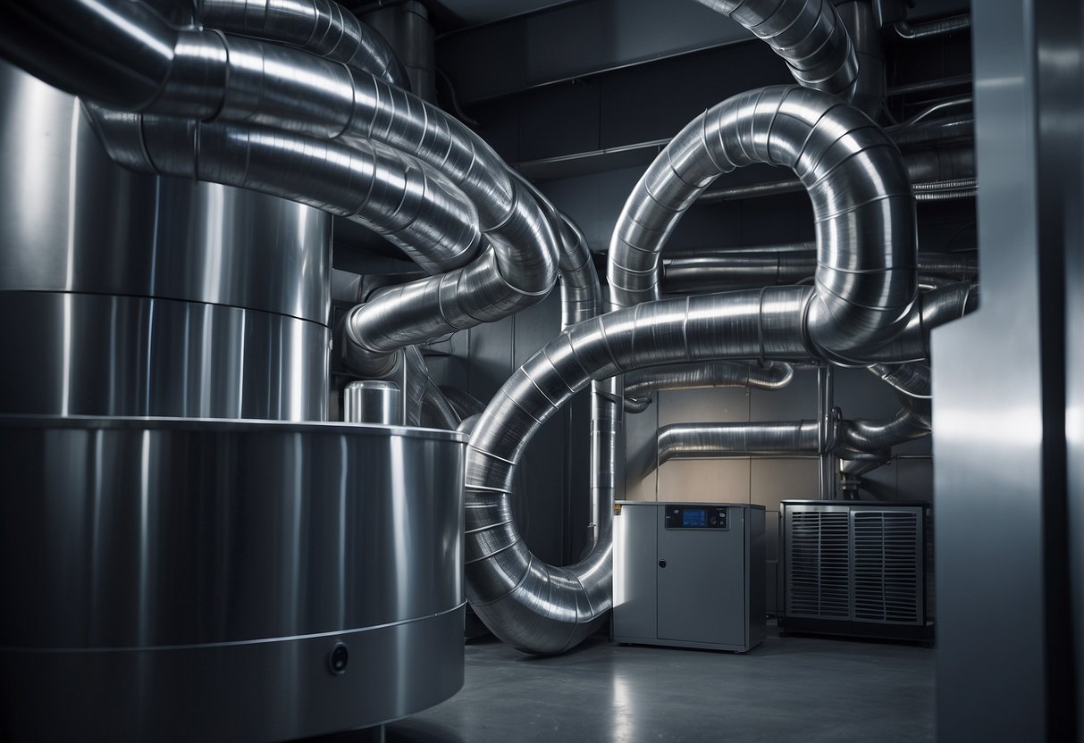 The ductwork twists and turns, efficiently distributing air throughout the HVAC system