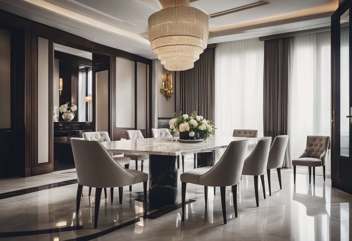 A marble dining table sits in a well-lit room, surrounded by elegant chairs. The table's sleek surface reflects the surrounding decor, exuding luxury and sophistication. A sense of style and class is evident in the design