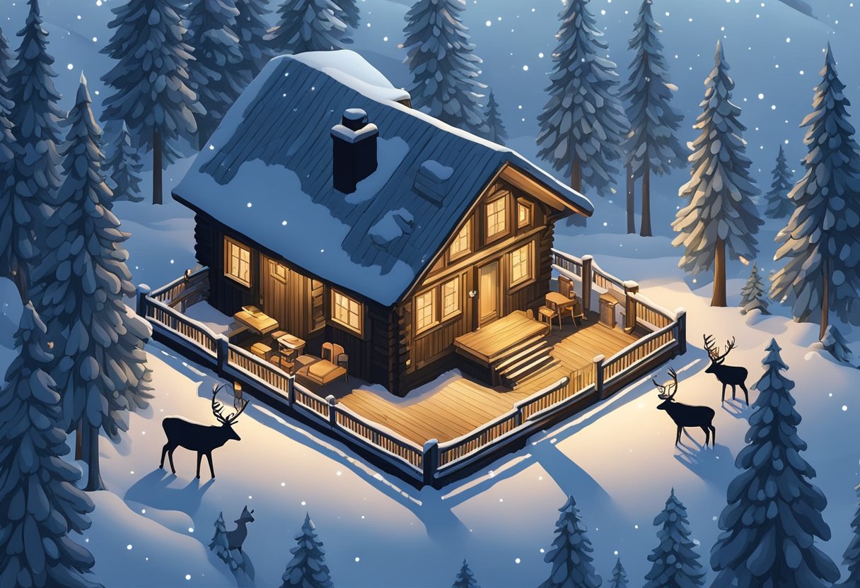 A cozy cabin nestled in a snowy forest, with a family of reindeer grazing nearby