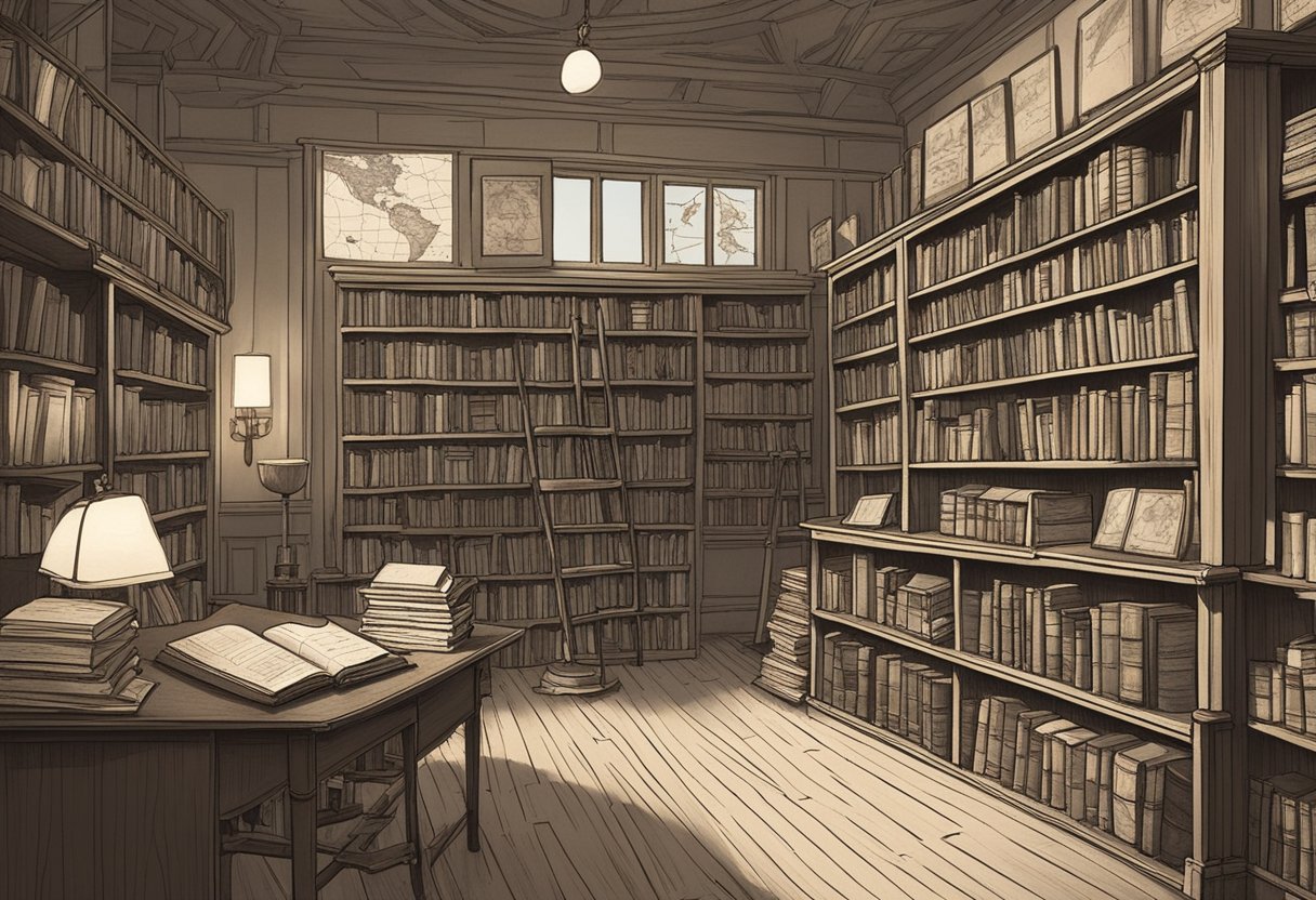 A cozy library with shelves of old books and a map of Norway on the wall. A notebook and pen sit on a desk, surrounded by scribbled lists of last names