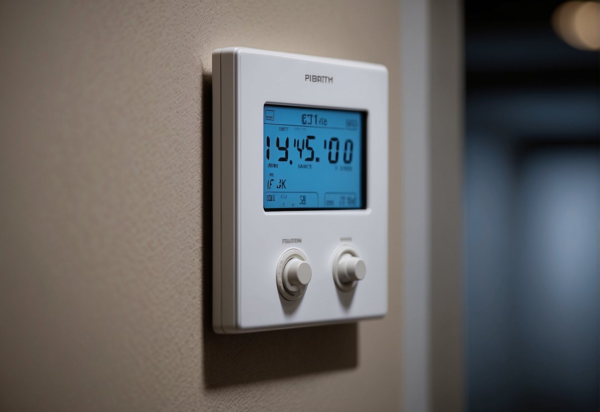 A thermostat set on a wall, surrounded by HVAC vents and ductwork, with temperature settings and mode options clearly visible