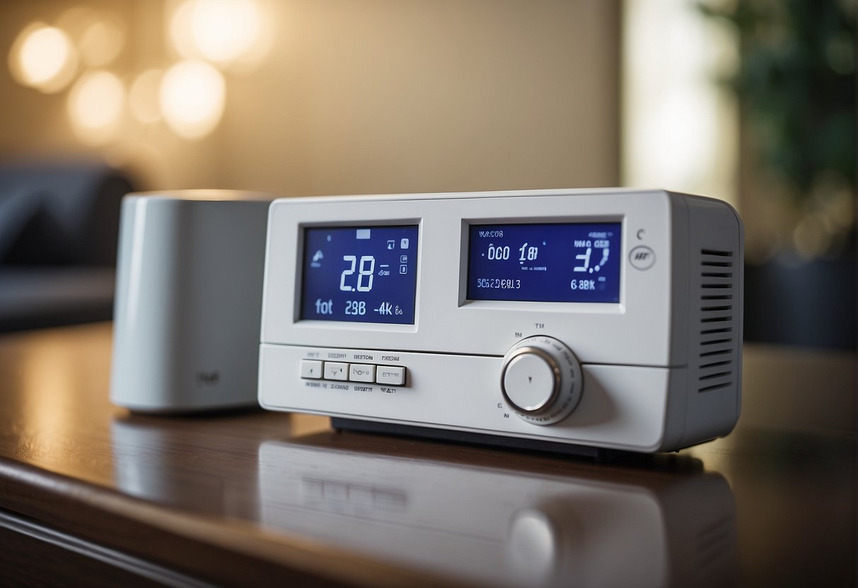 Various thermostats displayed with different features such as programmable settings, digital displays, and Wi-Fi connectivity. HVAC system in the background