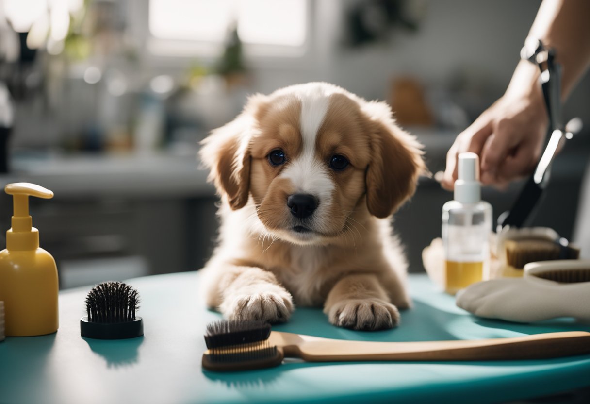 A puppy sits on a grooming table, surrounded by brushes, combs, and scissors. A gentle groomer stands nearby, holding a treat and speaking softly to the puppy