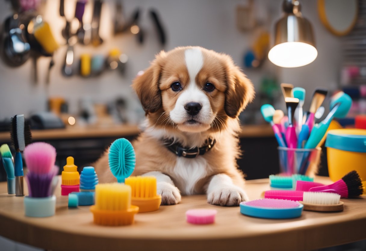 A playful puppy sits on a grooming table, surrounded by colorful brushes and combs. The room is bright and inviting, with soft music playing in the background