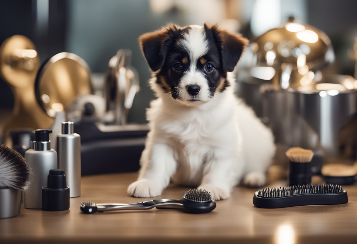 A puppy sits calmly as it is gently brushed and groomed, surrounded by grooming tools and a soothing environment