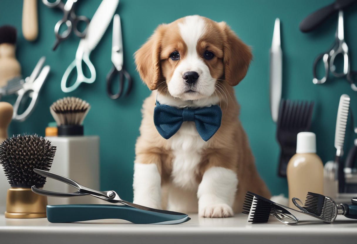 A puppy sits calmly on a grooming table, surrounded by brushes, combs, and scissors. A gentle groomer stands nearby, ready to introduce the puppy to the grooming process