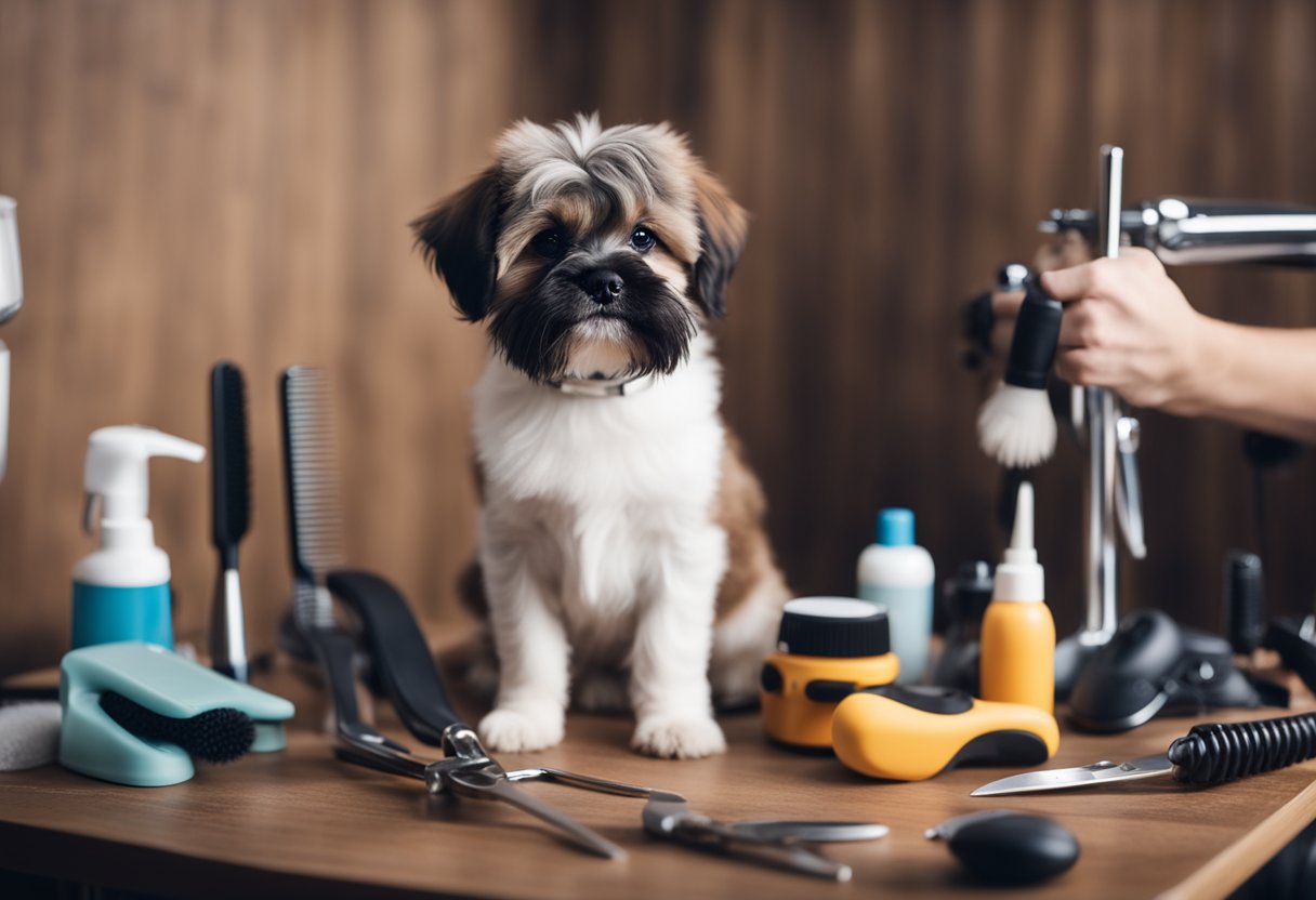 A puppy sits calmly on a grooming table, surrounded by grooming tools and a gentle, patient groomer