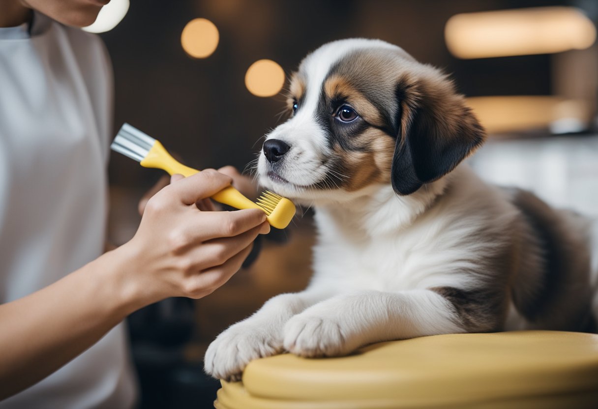 A young puppy sits patiently as a groomer gently brushes its fur, introducing it to the grooming process with care and patience