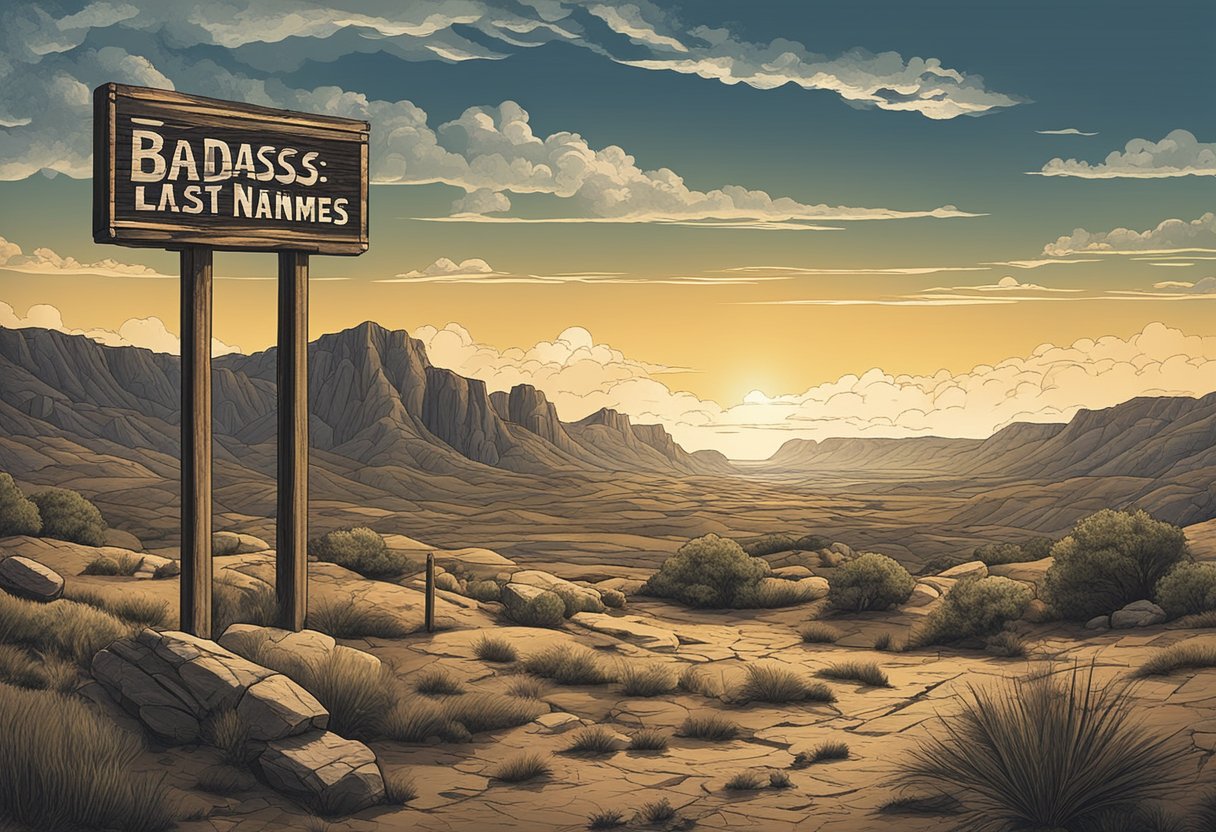 A rugged landscape with a weathered sign reading "Badass Last Names" against a dramatic sky