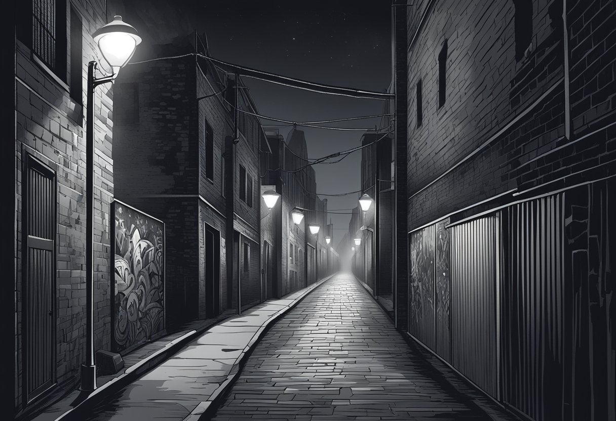 A dark alley with graffiti-covered walls and a flickering streetlight, casting ominous shadows