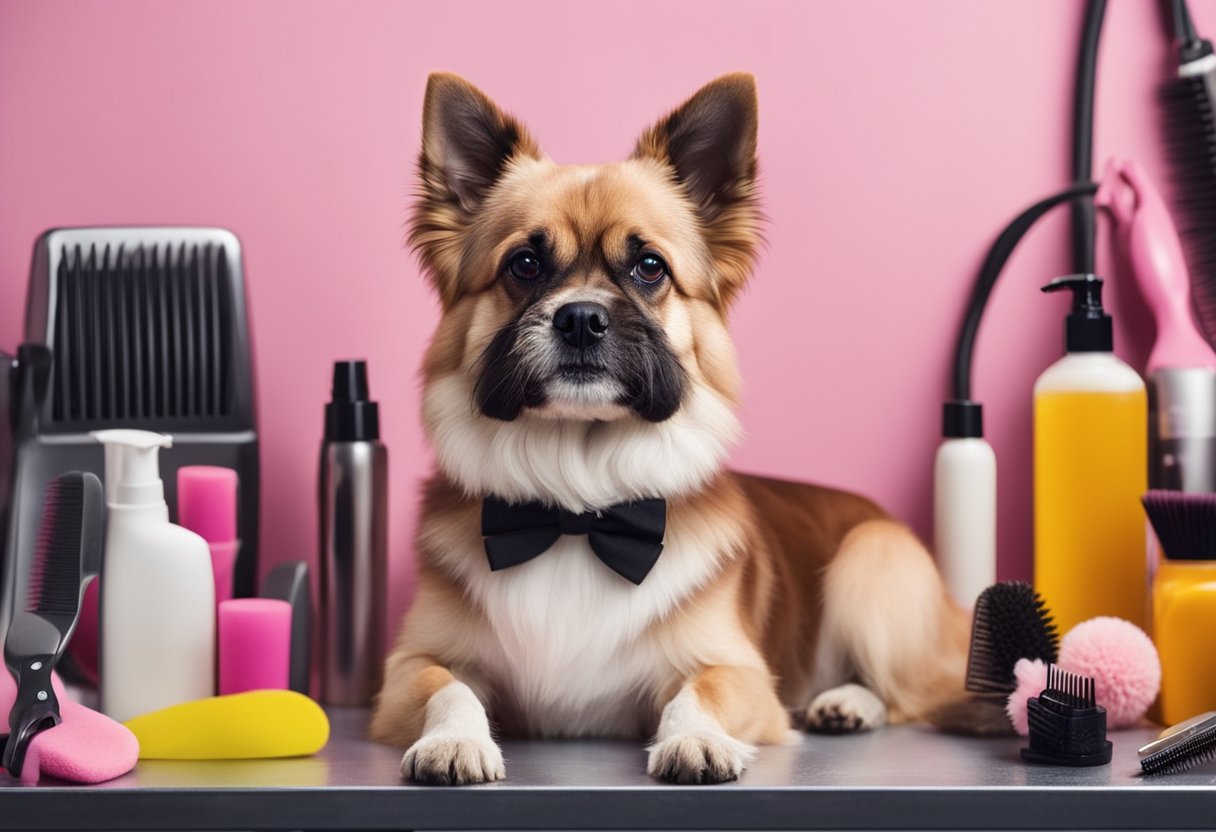 A dog sitting calmly on a grooming table while a professional groomer carefully trims its fur, with various grooming tools and products neatly organized nearby