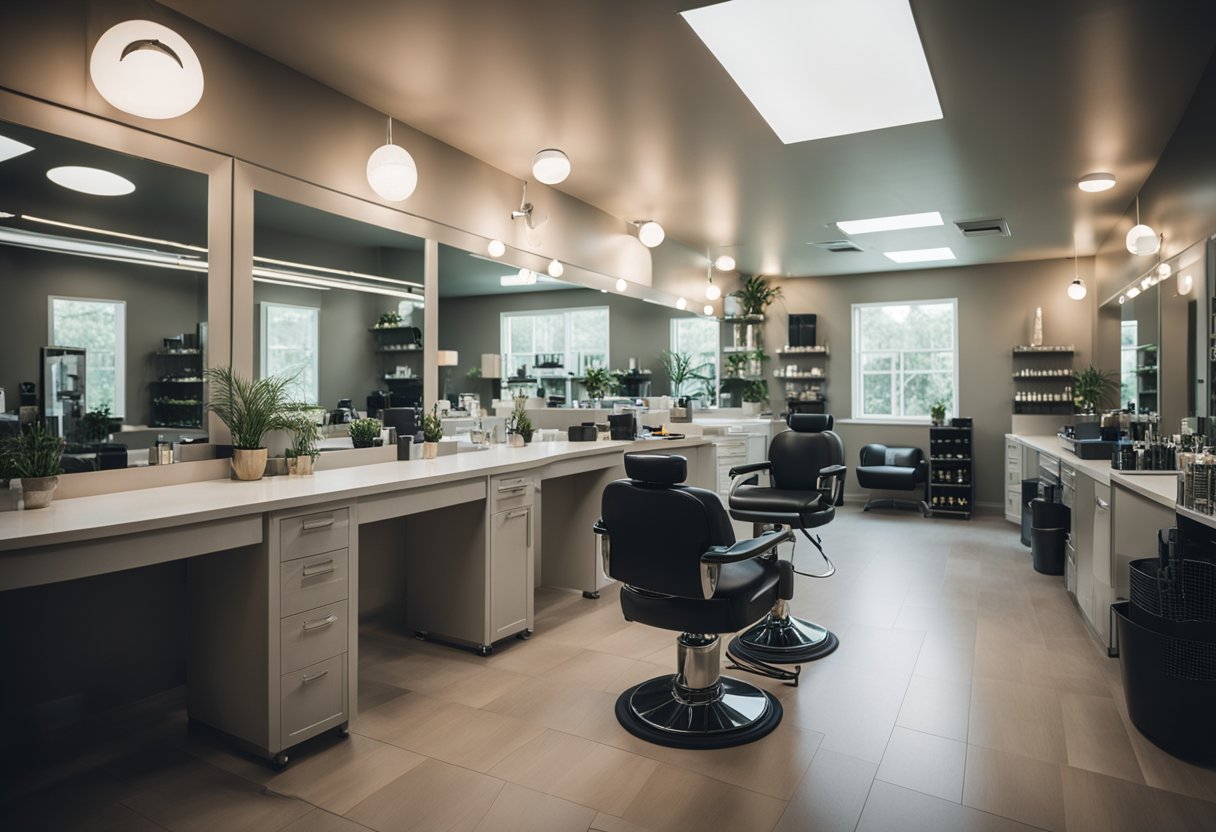 A spacious, well-lit grooming facility with clean, organized workstations and a variety of grooming tools neatly arranged on shelves. A professional groomer confidently handling a calm, well-groomed dog with a gentle and skilled touch