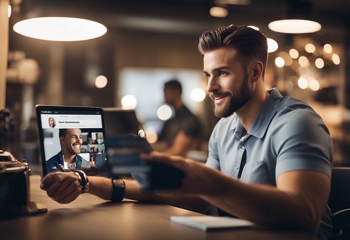 Customers reading reviews and testimonials online about grooming services, with a focus on reliability and trustworthiness