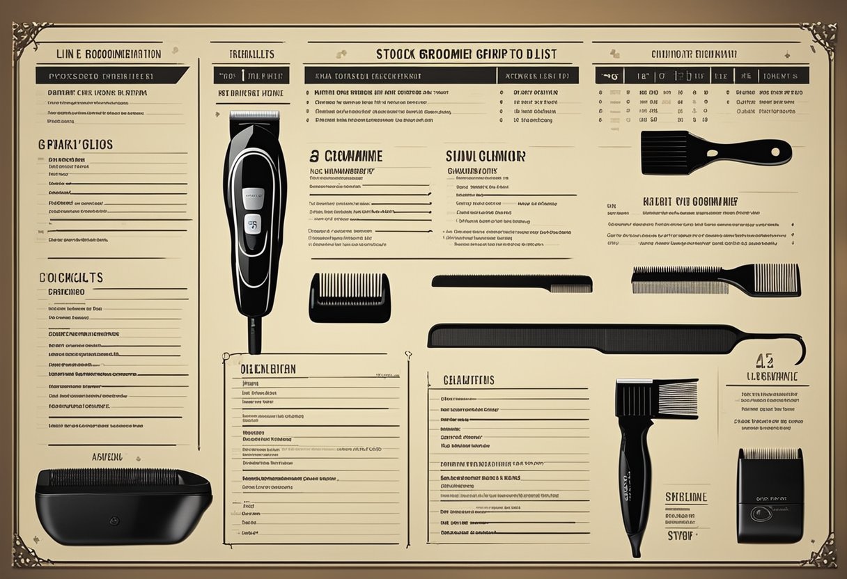A line of grooming tools and price lists displayed, with a checklist of reliable groomer criteria beside it