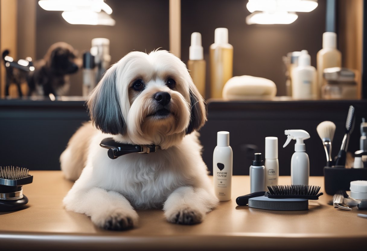 A dog sitting calmly on a grooming table, surrounded by various grooming tools and products. A groomer stands nearby, holding a brush and smiling