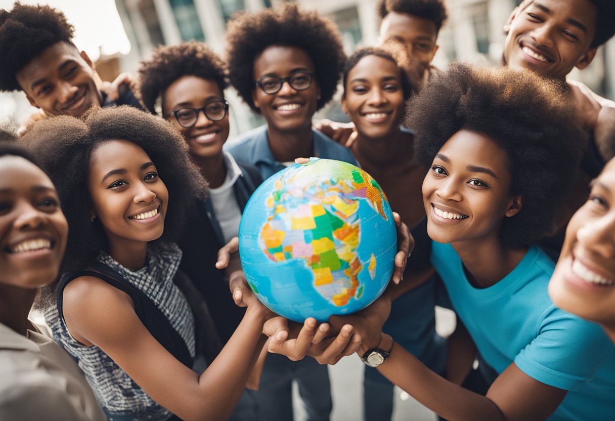 A group of diverse young scholars gather around a globe, symbolizing the global reach of the American University Emerging Global Leader Scholarship 2024