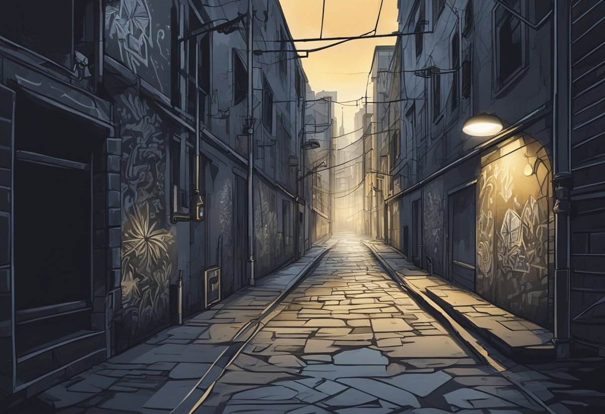 A dark alley with graffiti-covered walls and flickering streetlights, creating a gritty and edgy atmosphere for the scene