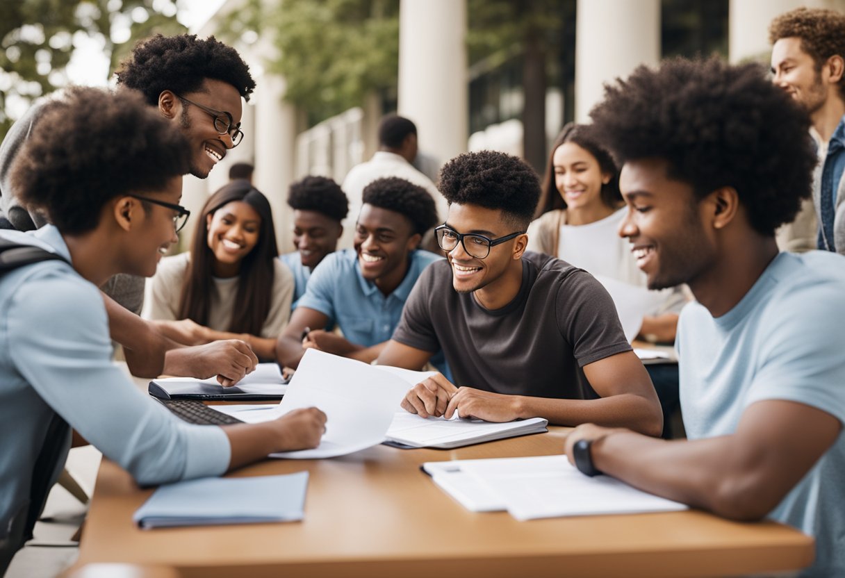 A group of diverse students eagerly filling out scholarship application forms at American University, with the campus bustling in the background