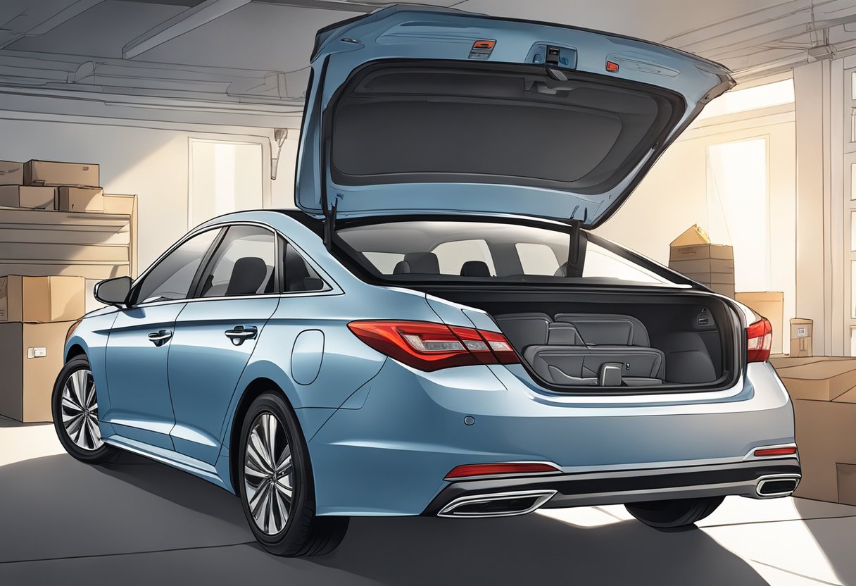 A Hyundai Sonata is parked in a well-lit garage. The trunk is open, revealing the tail light assembly. A person's hand is seen removing the screws to replace the tail lights