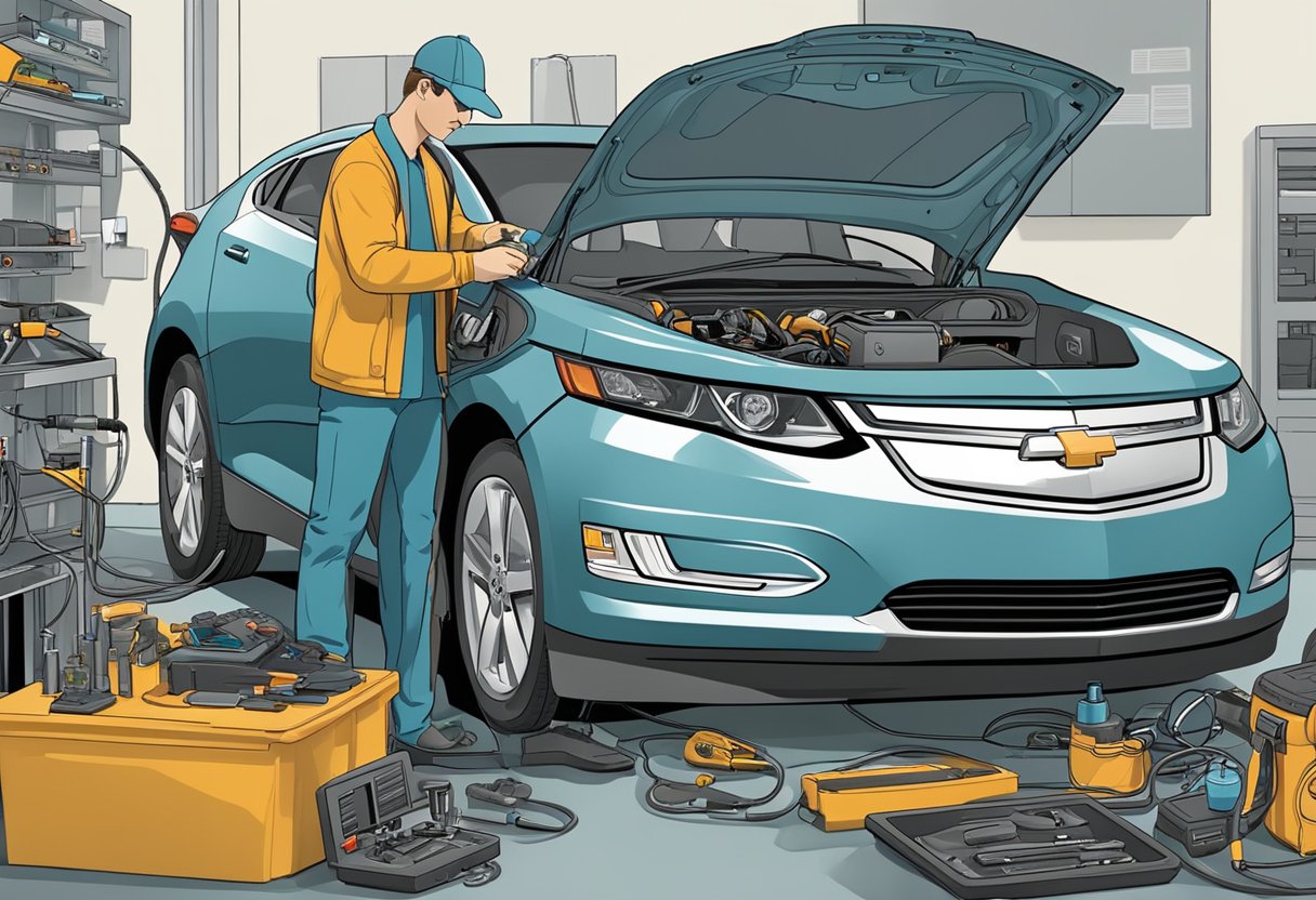 A mechanic examines the charging port of a Chevy Volt, surrounded by tools and diagnostic equipment. The cost analysis of the repair is displayed on a computer screen nearby