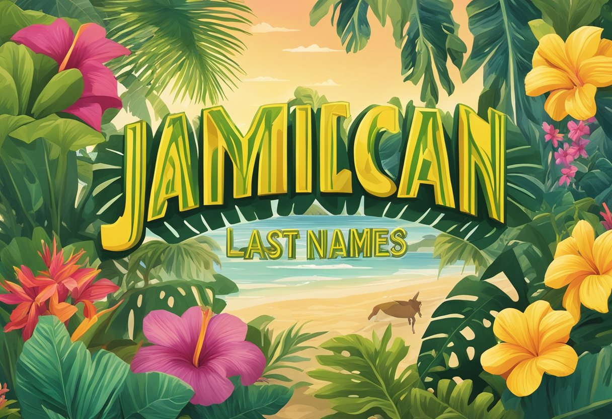 A colorful sign reads "Jamaican Last Names" with a backdrop of tropical foliage and vibrant flowers