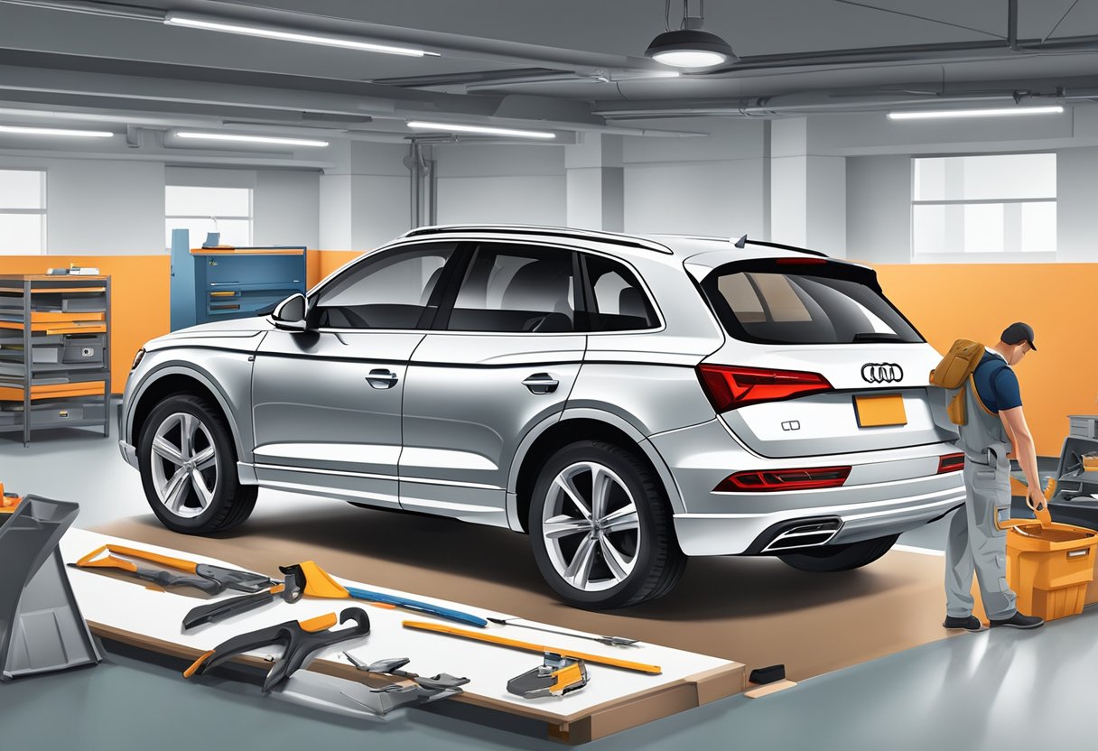 An Audi Q5 with a removed sunroof, surrounded by tools and replacement parts, with a technician working on the installation process