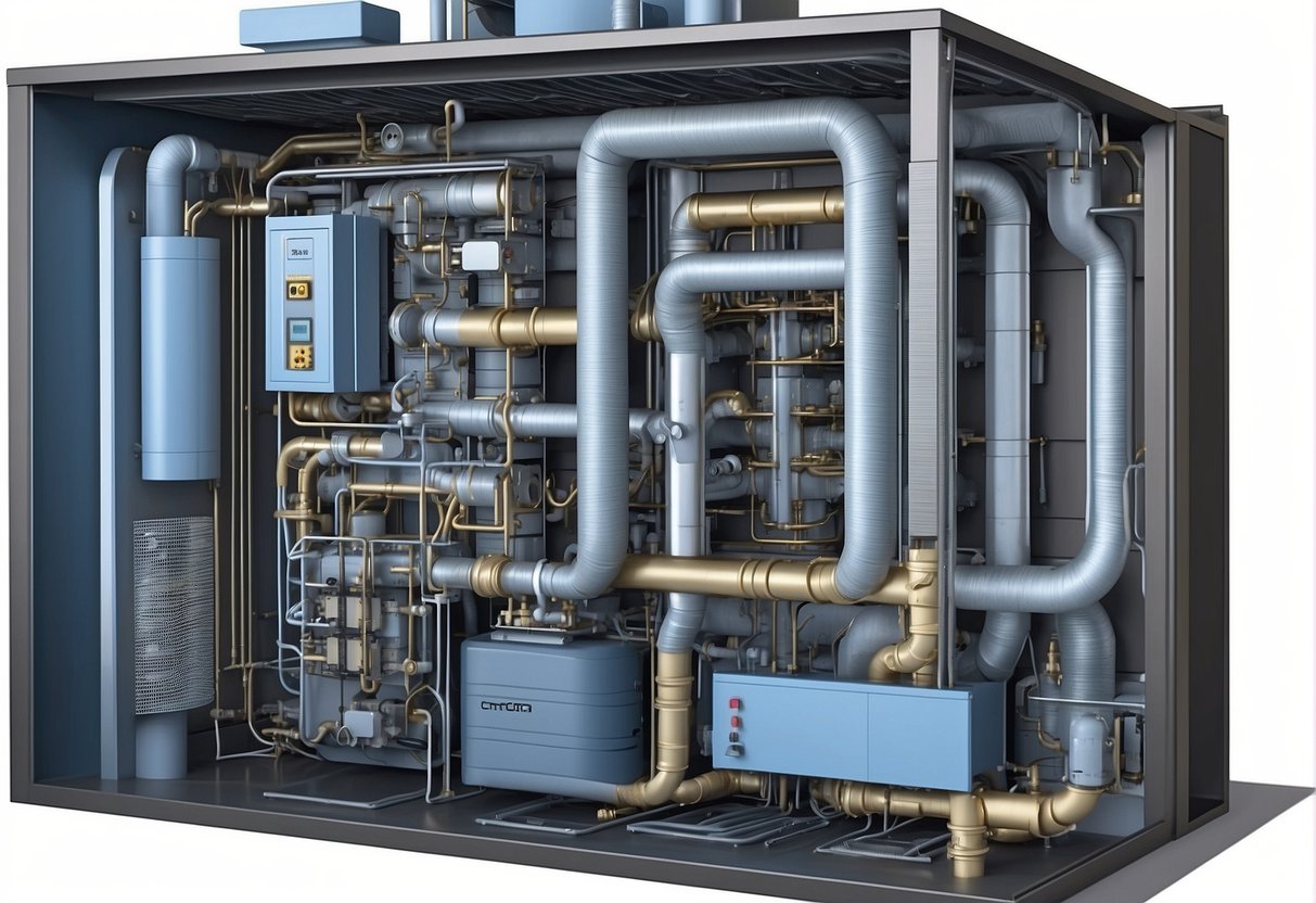 A detailed illustration of HVAC components with emphasis on ventilation systems. No humans or body parts included