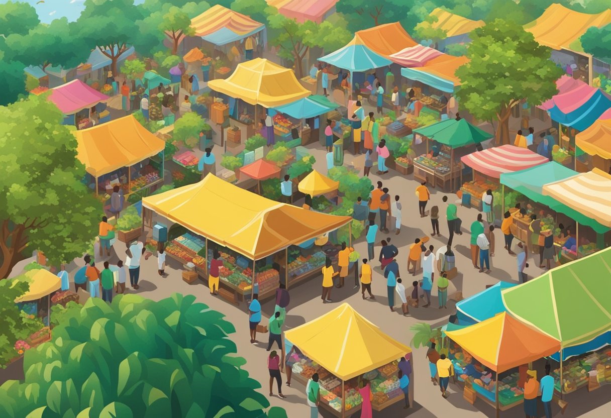 A vibrant market scene with colorful stalls and bustling activity, surrounded by lush greenery and the sound of traditional Jamaican music in the air