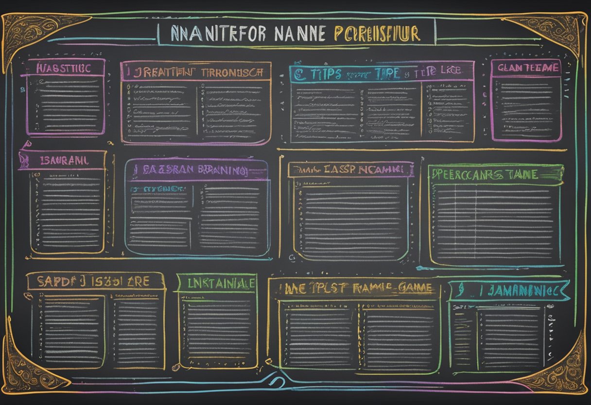 A colorful chalkboard with "Tips For Brainstorming The Perfect Name" and a list of Jamaican last names in bold letters