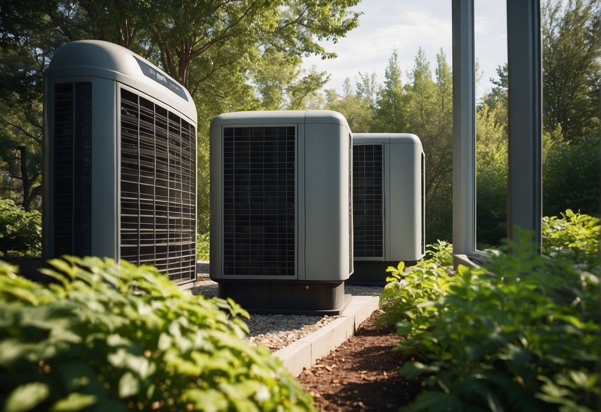 A well-ventilated HVAC system surrounded by greenery, with clean air flowing in and out, showcasing its importance for health, safety, and environmental impact