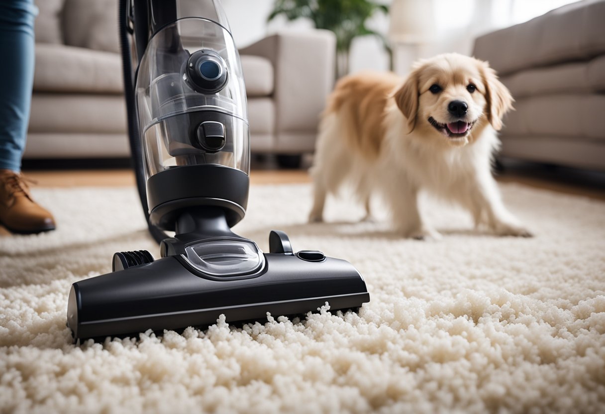 A vacuum cleaner with a powerful suction nozzle removing pet hair from a carpet, with a happy dog wagging its tail in the background