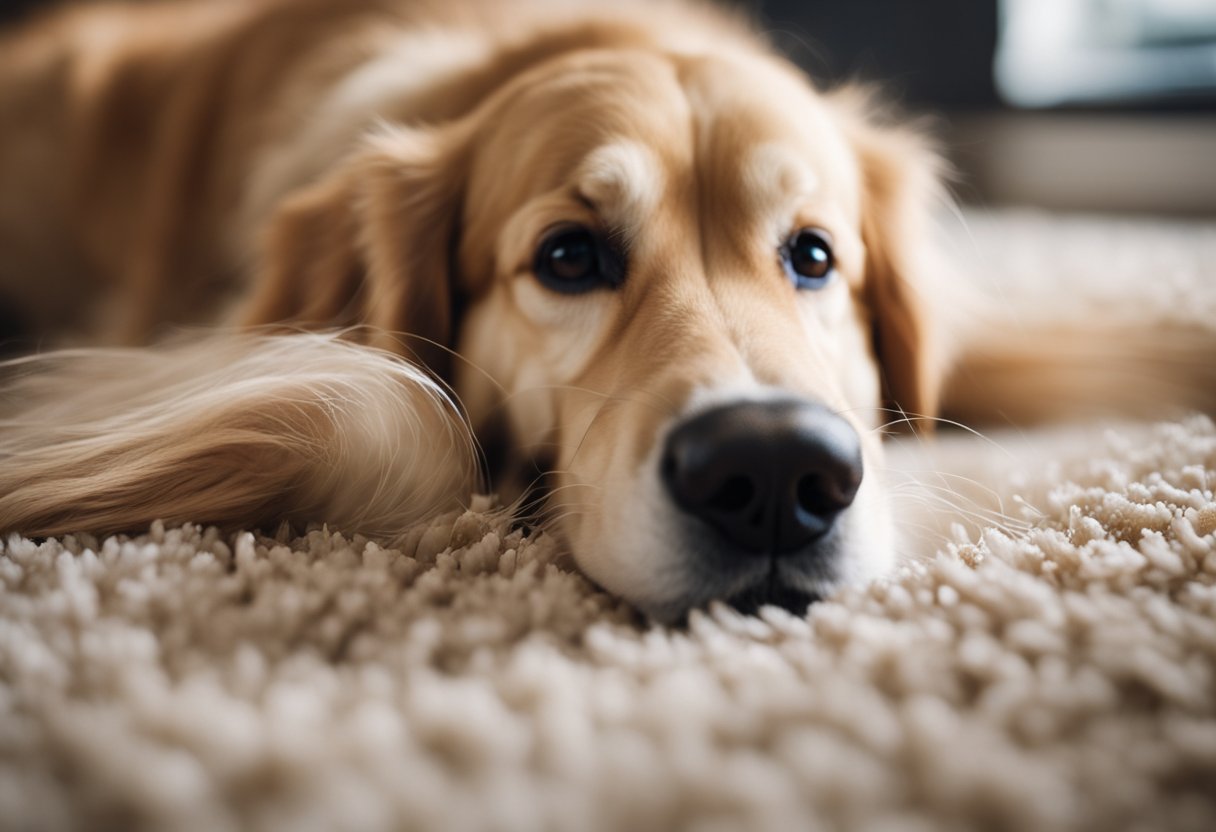 A golden retriever sheds its fur on a carpet. A vacuum cleaner with a pet hair attachment effortlessly sucks up the loose hair, leaving the carpet clean and fur-free