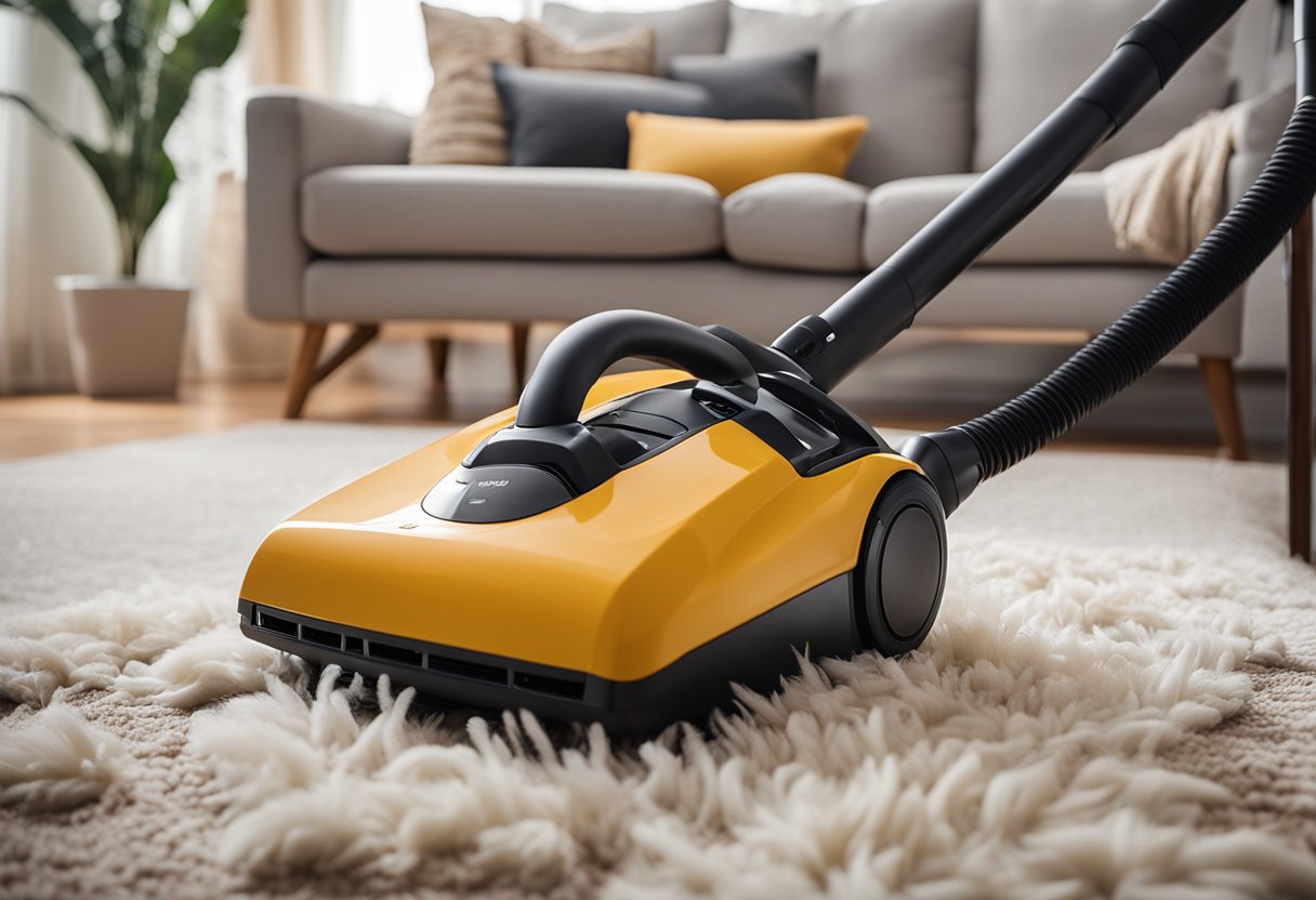 A vacuum cleaner with specialized pet hair attachments in a living room, with a fluffy pet bed and scattered pet hair on the floor
