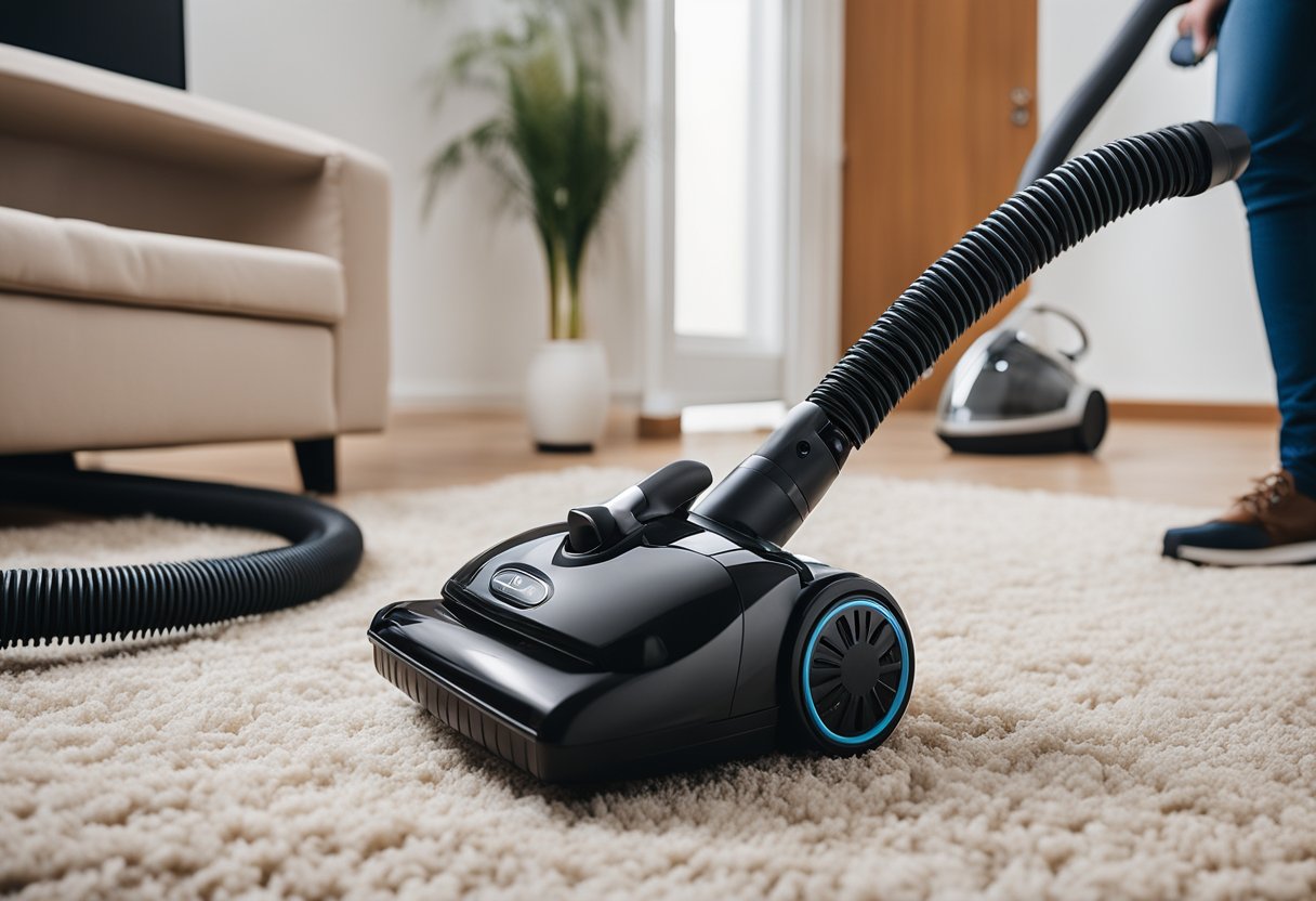 A vacuum cleaner with a long, flexible hose and a specialized pet hair attachment, surrounded by scattered pet hair and a contented dog or cat nearby