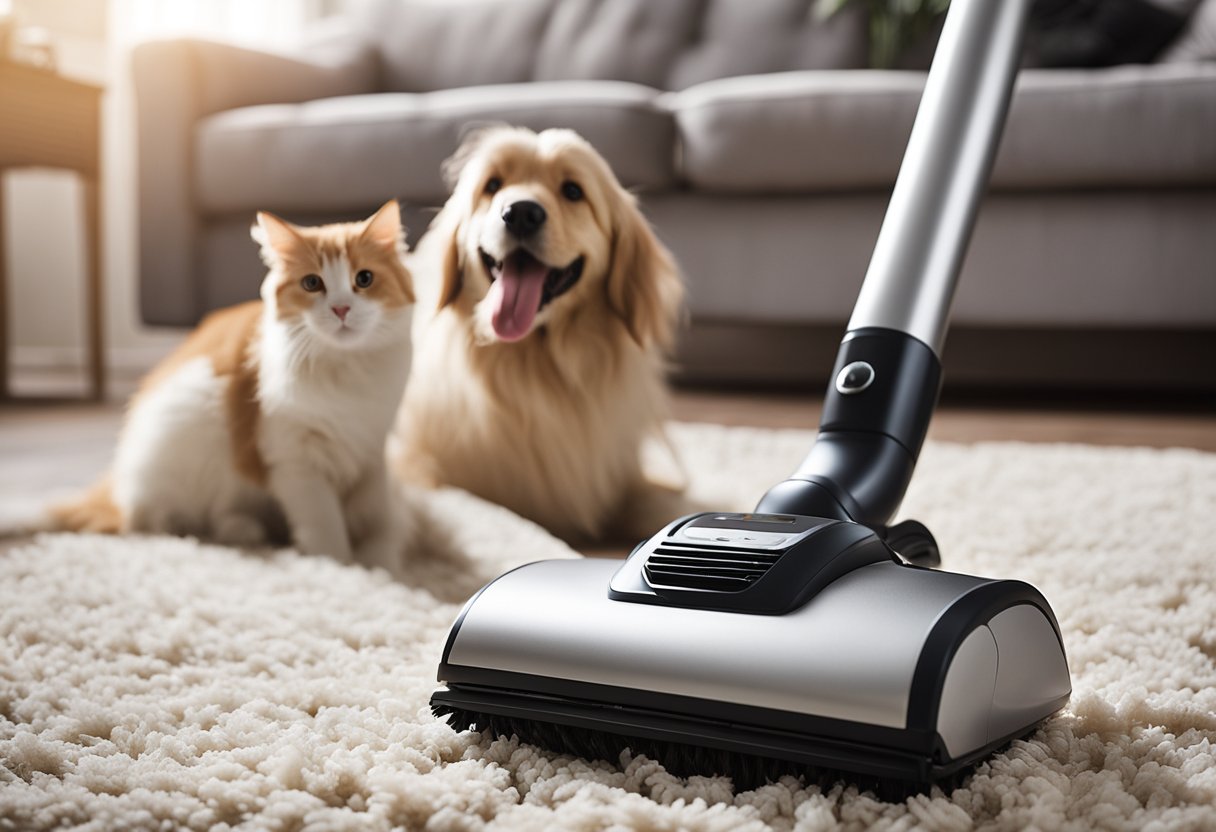 A vacuum cleaner with pet hair tangled in the brush, a satisfied pet owner smiling in the background