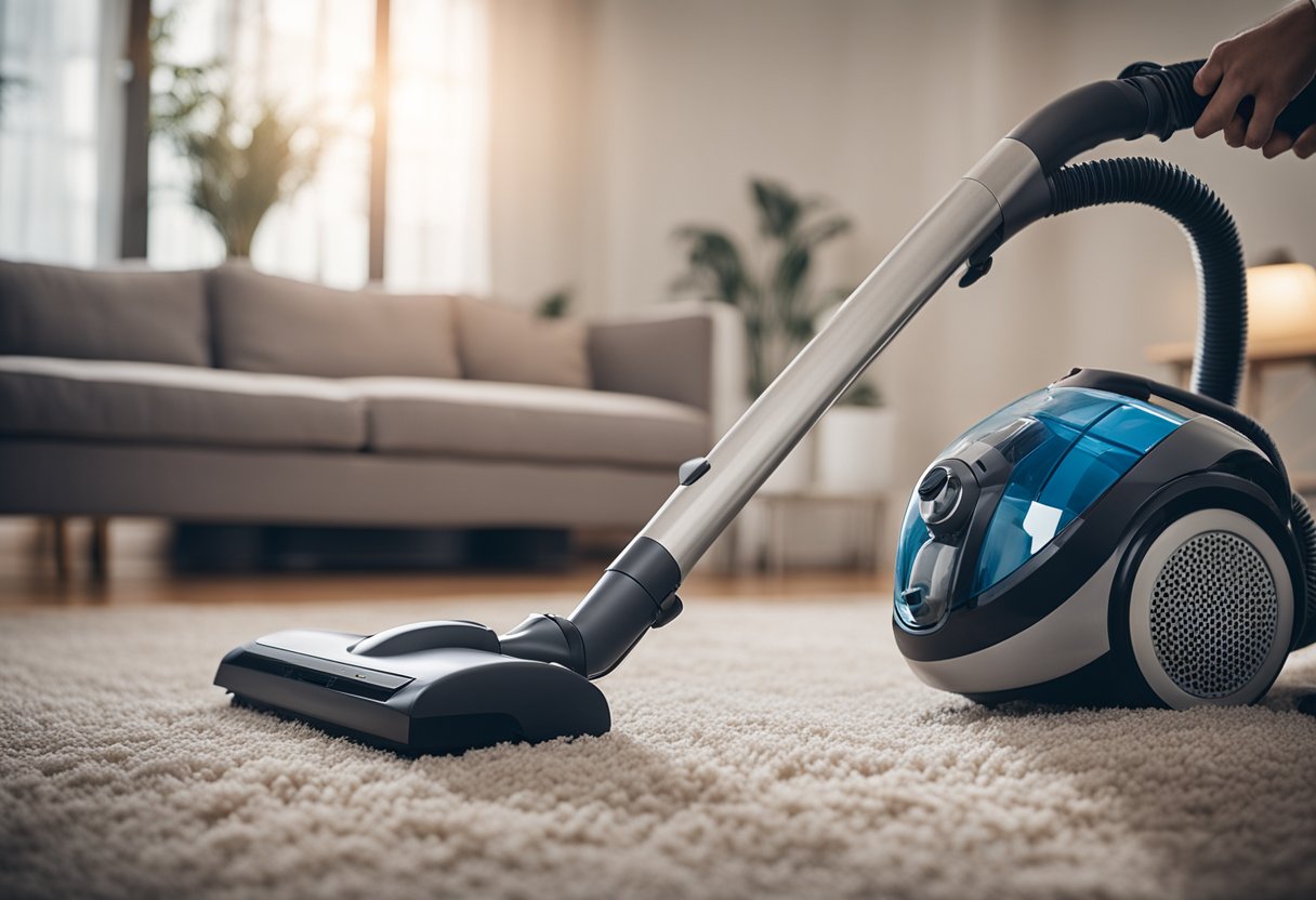 A vacuum cleaner with a specialized pet hair attachment in use on a carpeted floor, with pet hair visibly being sucked up into the vacuum
