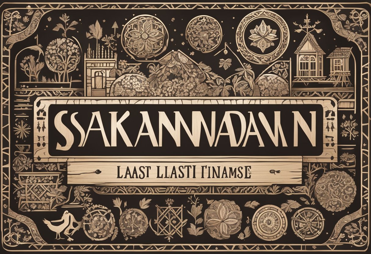 A rustic wooden sign displays "Scandinavian Last Names" in bold letters, surrounded by traditional Nordic symbols and patterns