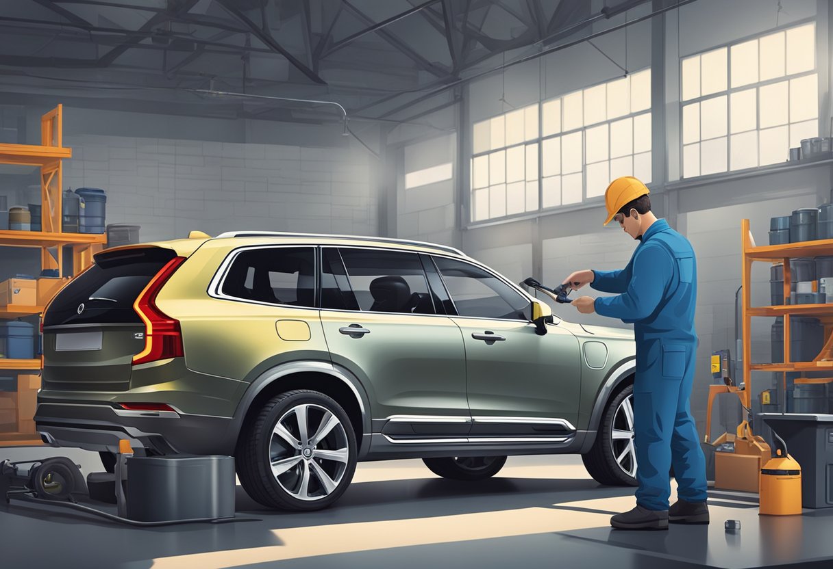 The mechanic changes the transmission fluid in a Volvo XC90, with tools and equipment visible in the background
